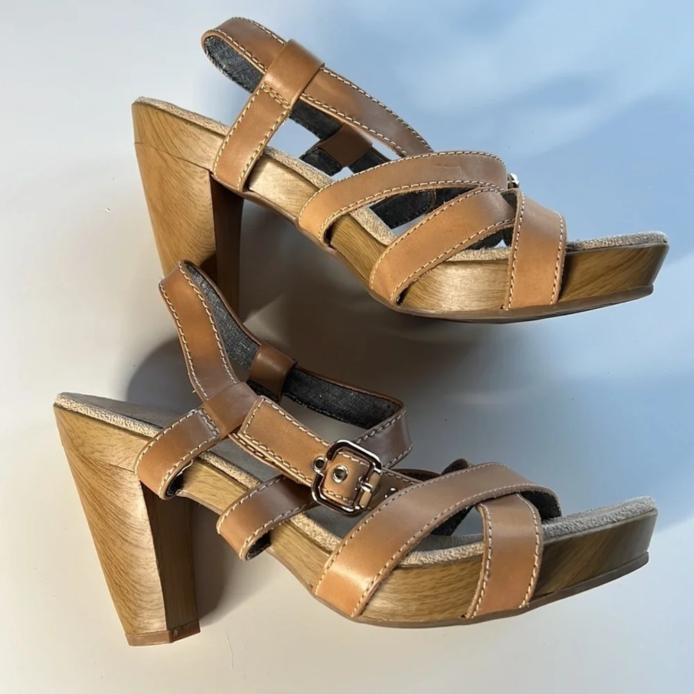 Dr. Scholl’s Band Platform Sandals Tan Leather Strappy Wooden Heel Size 10